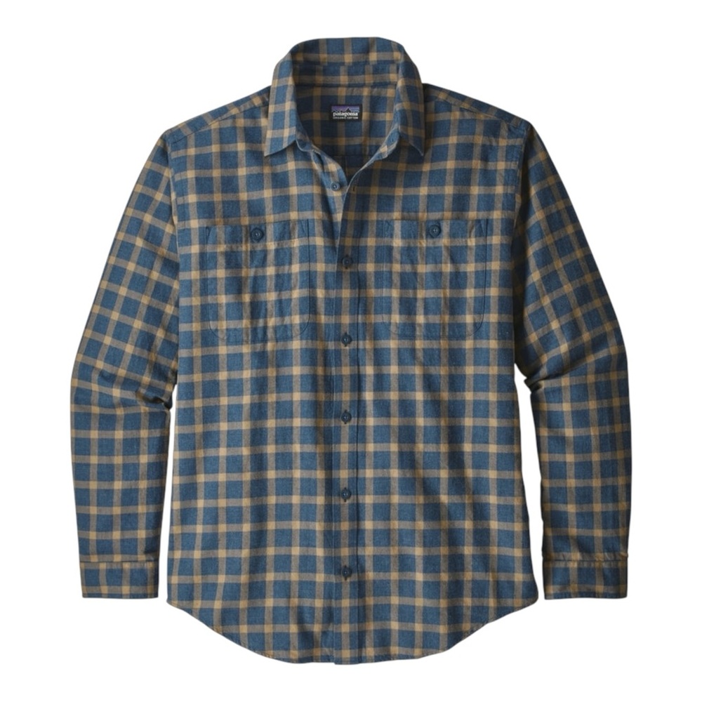 PATAGONIA Blue and Tan Plaid Flannel Made with 100% Organic Cotton